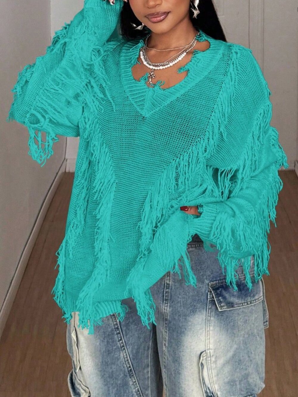 Mint Blue Casual Women's Plus Size V Neck Loose Drop Sleeve Pullover